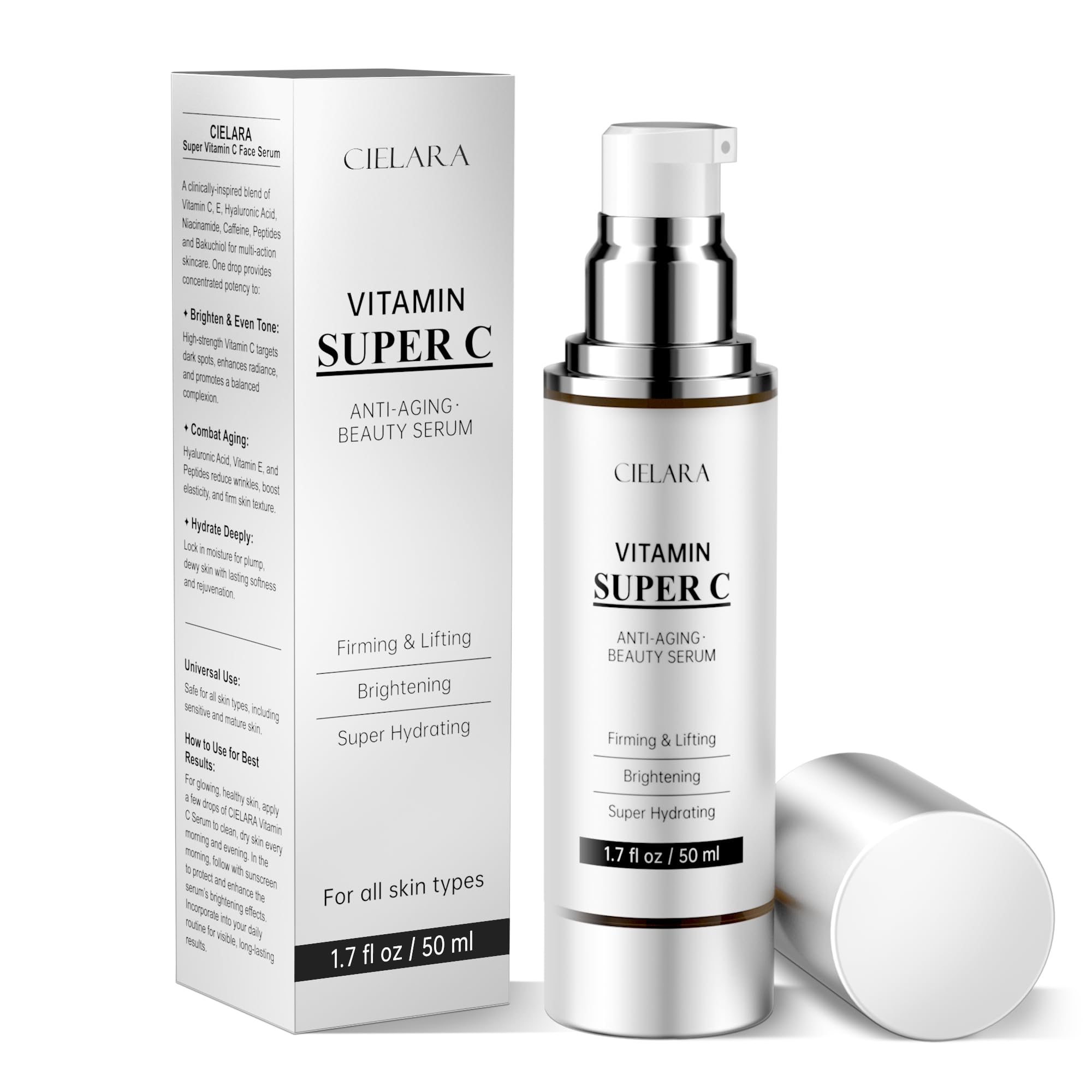 CIELARA Vitamin C Serum bottle highlights brightening and hydration for daily skincare