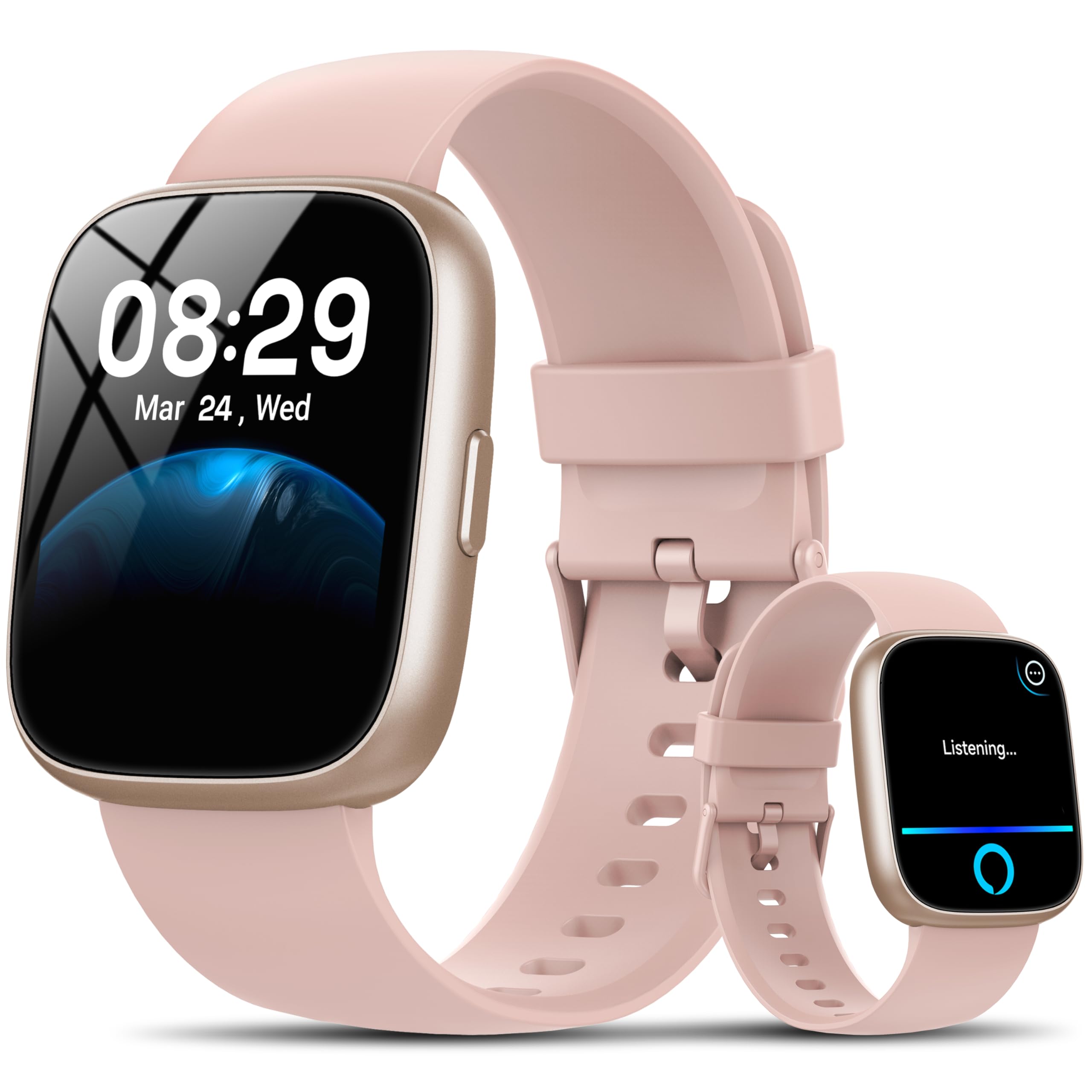 Cillso smart watch with Alexa built-in on pink wrist for hands-free tasks