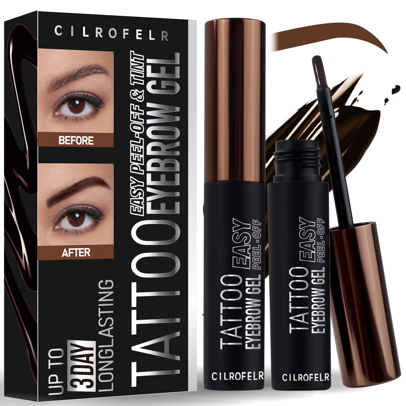 Cilrofelr brow tint gel application showing precise, buildable color for natural-to-dramatic brows