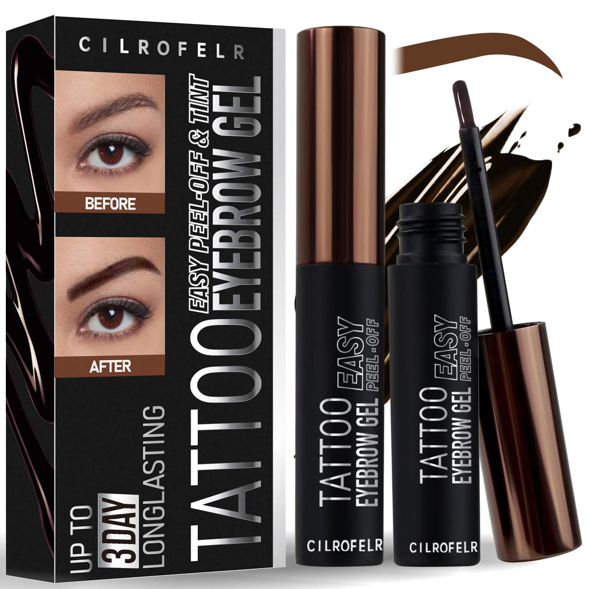Cilrofelr brow tint gel application showing precise, buildable color for natural-to-dramatic brows