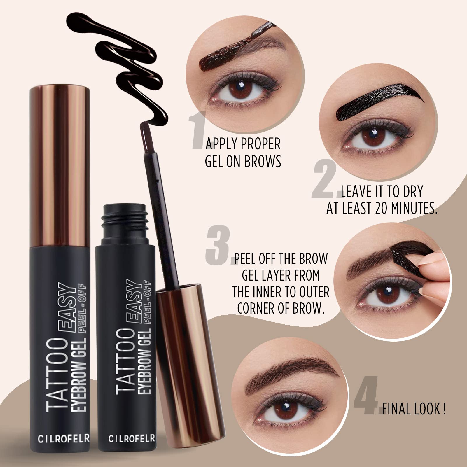 Cilrofelr Tattoo Brow Gel before-after close-up highlights defined brows.