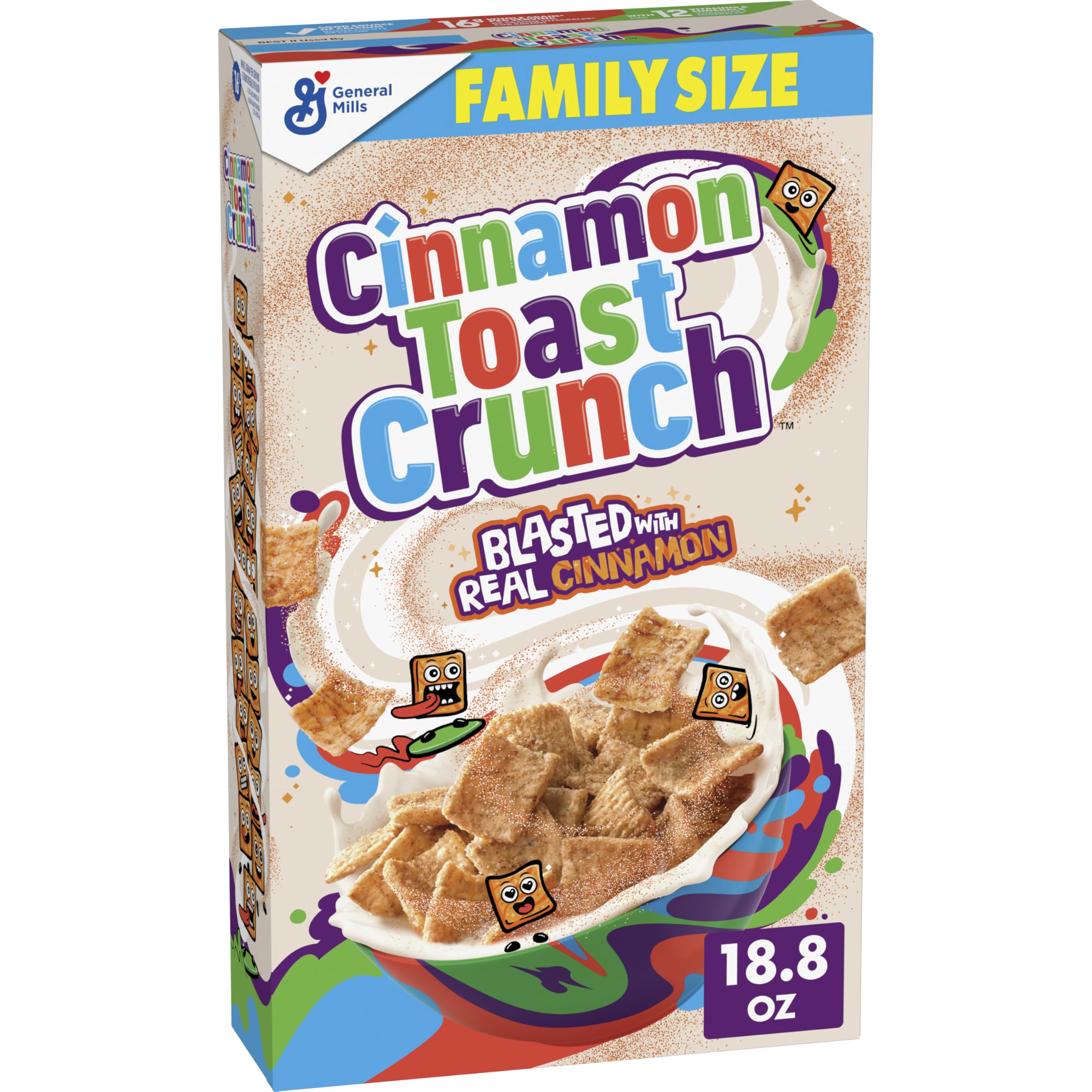 Cinnamon Toast Crunch bowl with milk, quick breakfast option.