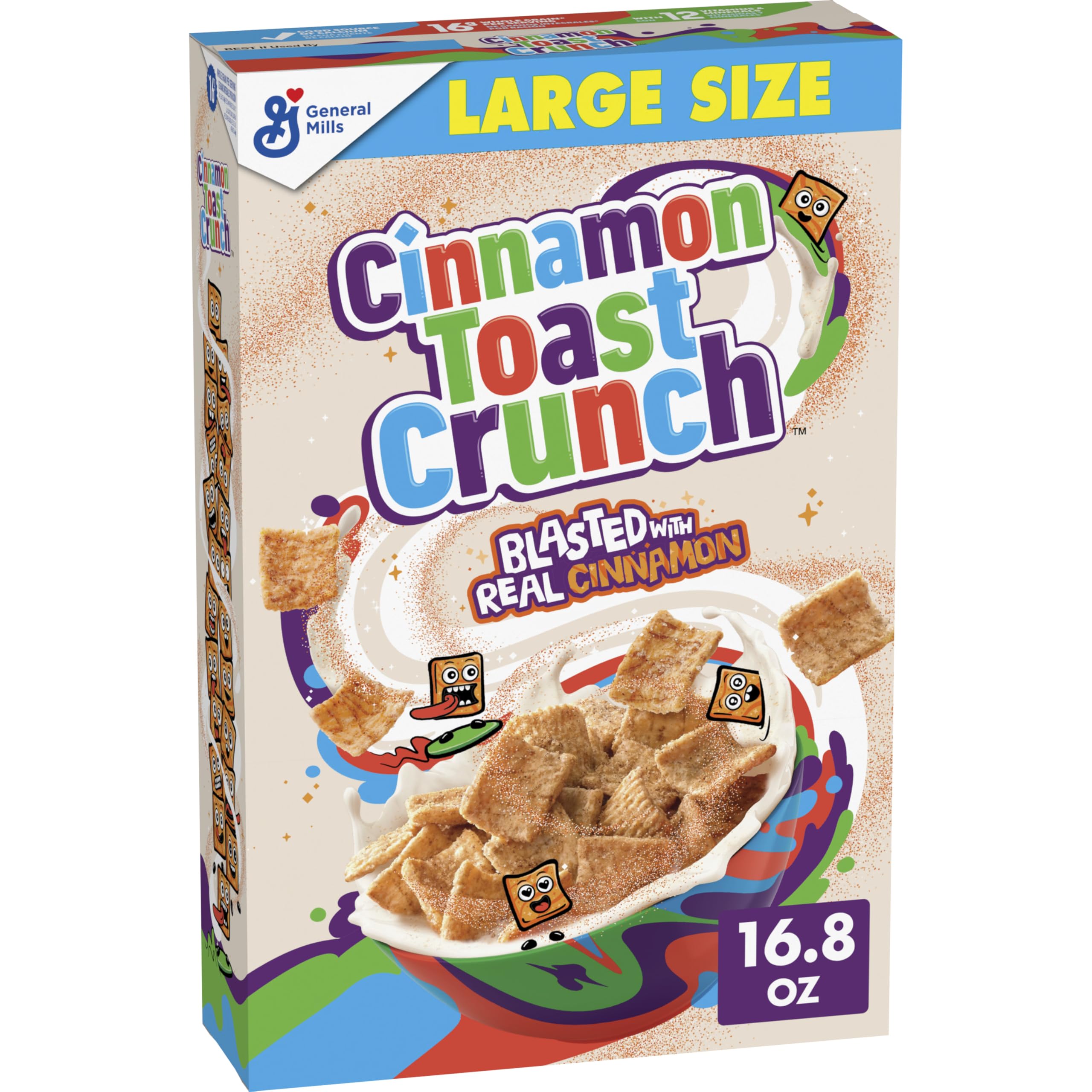 Cinnamon Toast Crunch large size box on pantry shelf for quick breakfasts.
