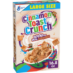 Cinnamon Toast Crunch large size box on pantry shelf for quick breakfasts.