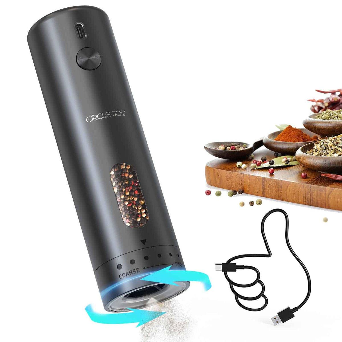 Circle Joy electric pepper grinder exterior in black for modern kitchen and precise seasoning