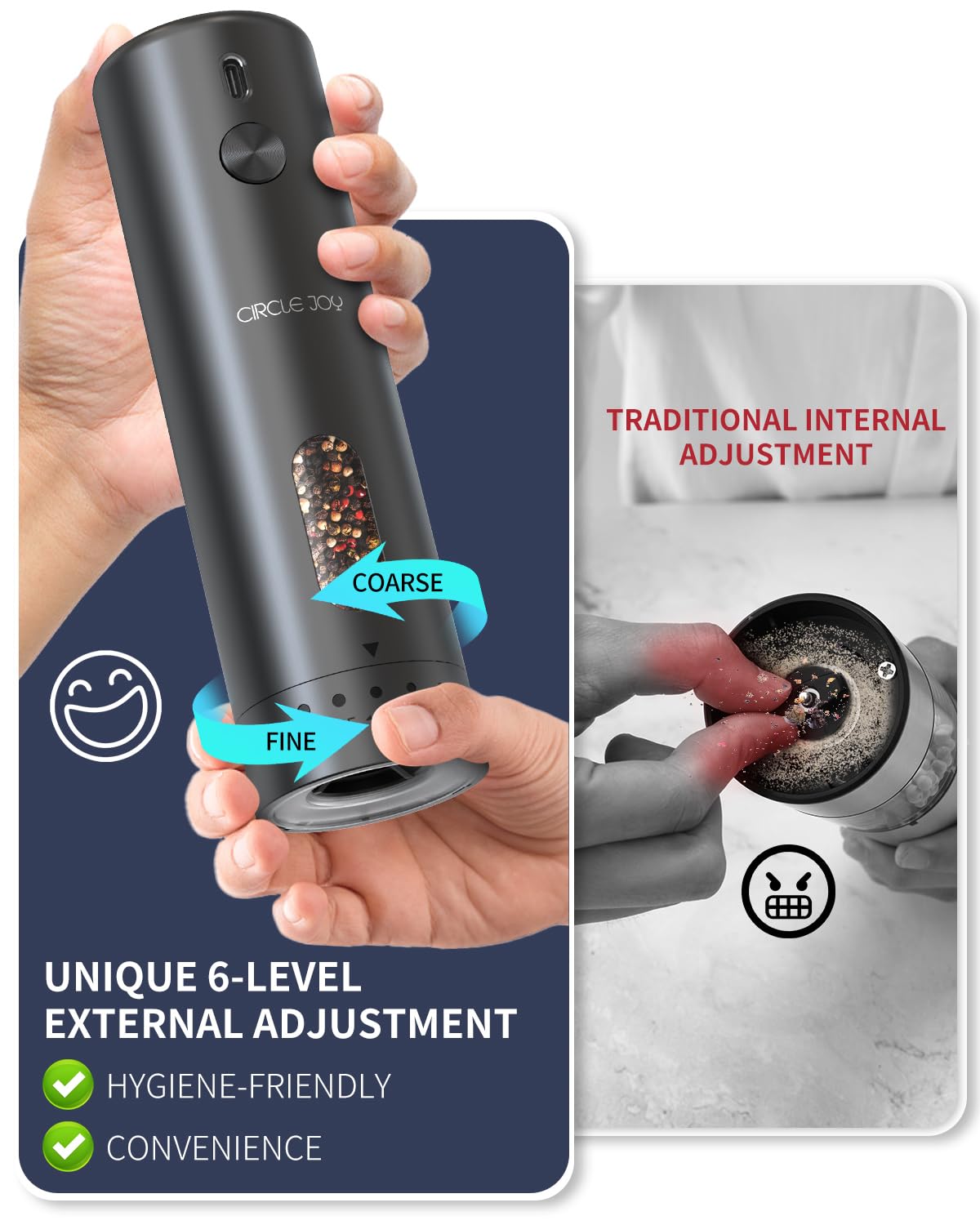 Circle Joy external coarseness adjustment enables clean, touch-free seasoning control