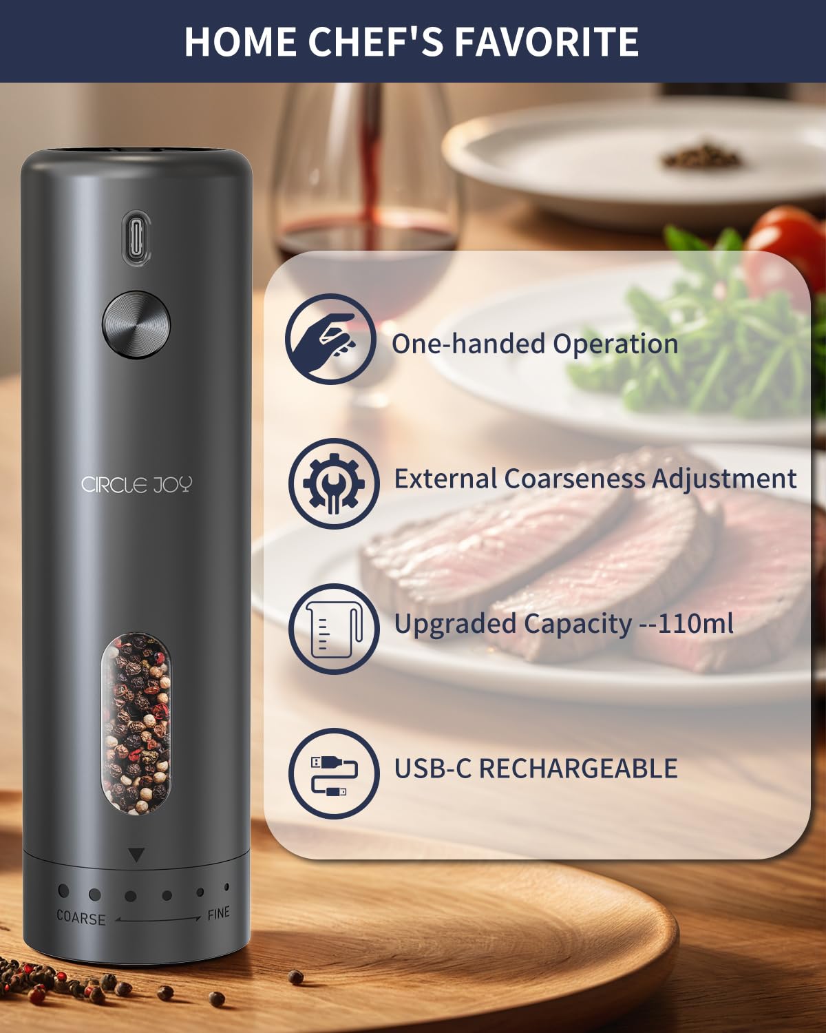 Circle Joy USB-C rechargeable pepper grinder for uninterrupted cooking sessions