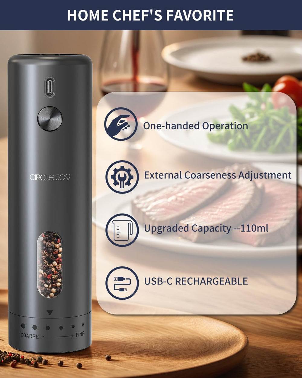 Circle Joy USB-C rechargeable pepper grinder for uninterrupted cooking sessions