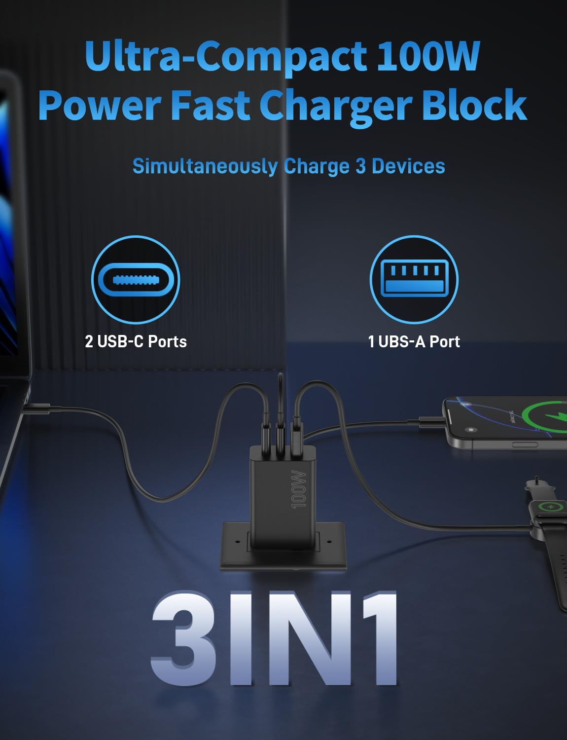 Citelect 3-port fast charging setup demonstrates simultaneous USB-C/USB-A output.