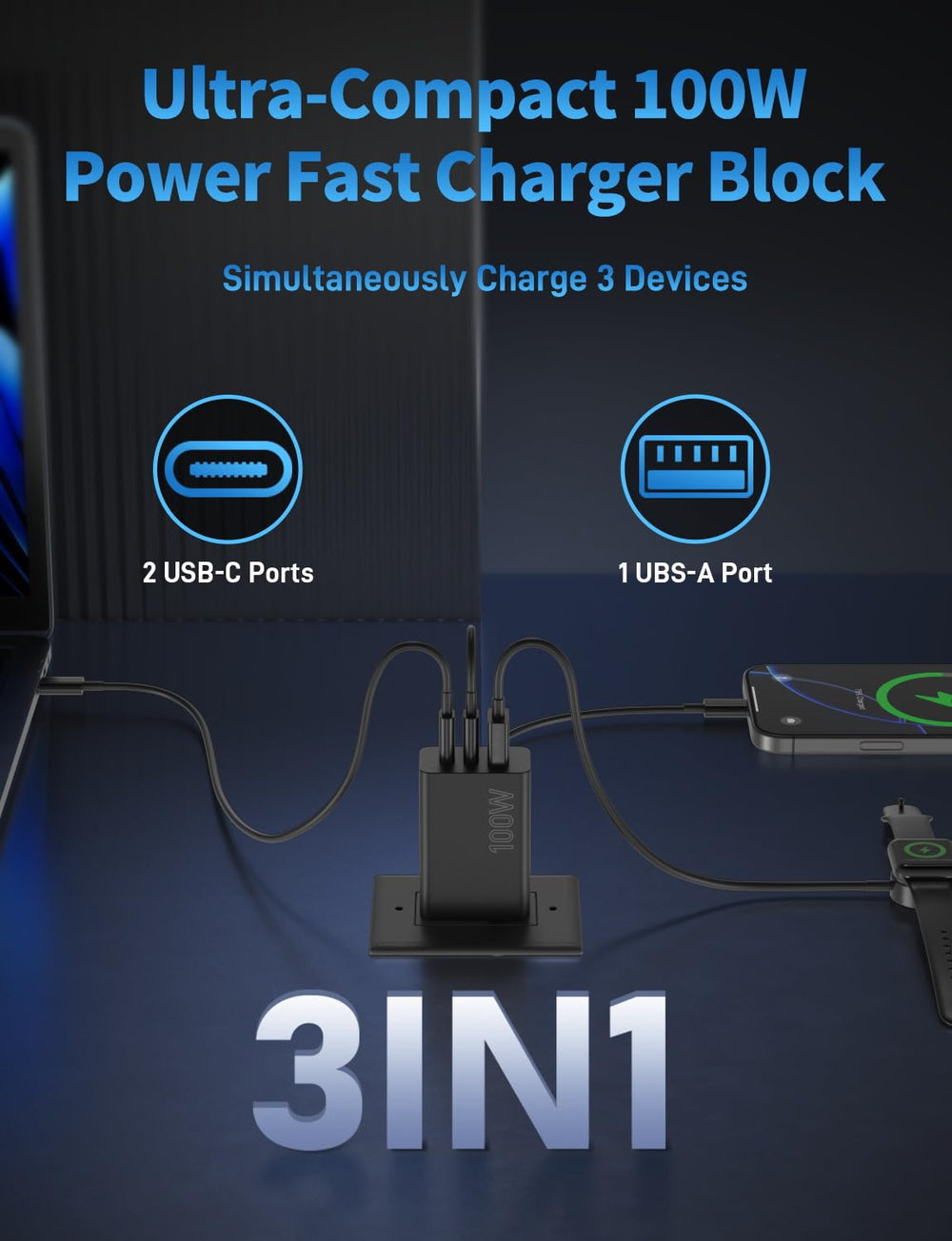 Citelect 3-port fast charging setup demonstrates simultaneous USB-C/USB-A output.