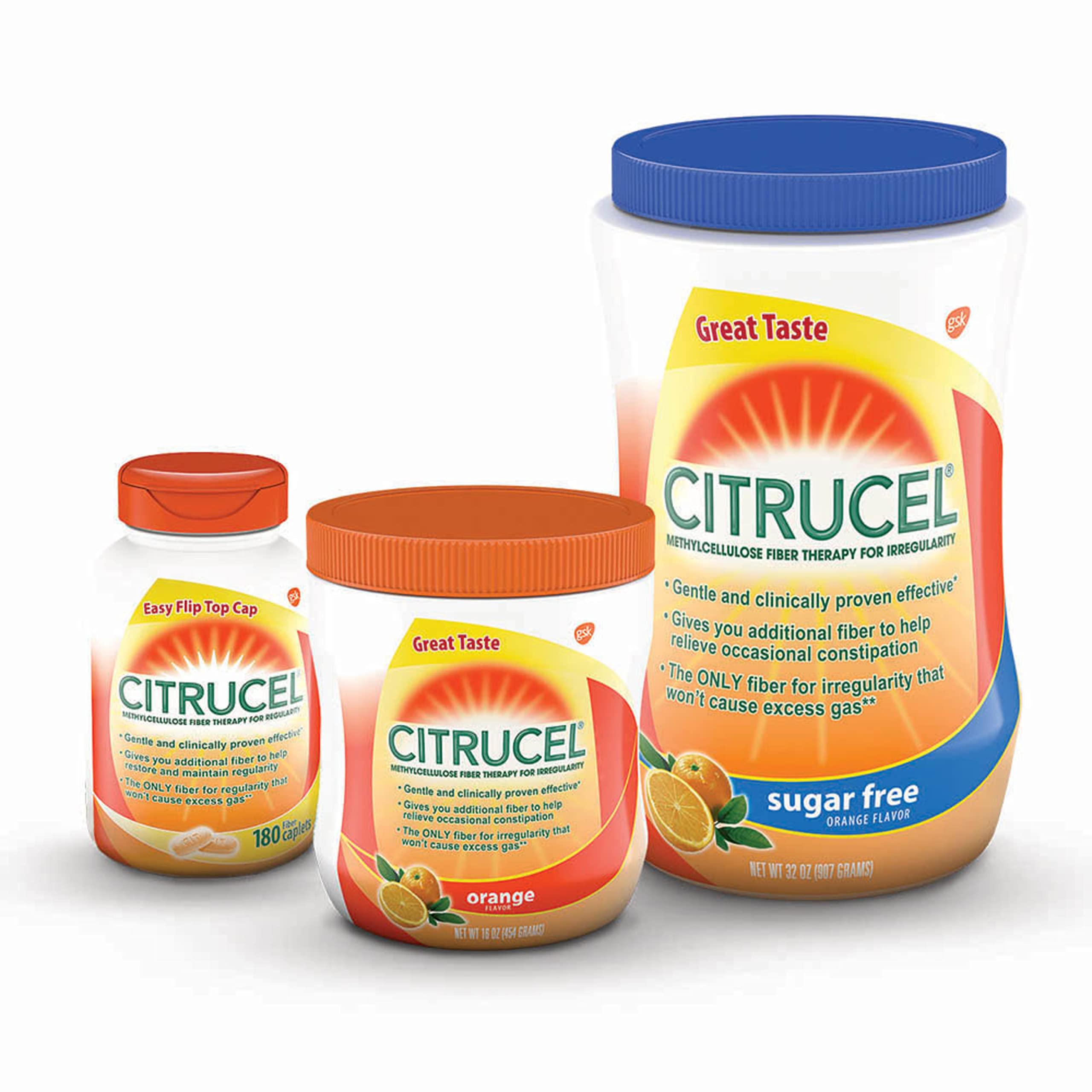 Citrucel calcium and potassium per serving labeled on jar.