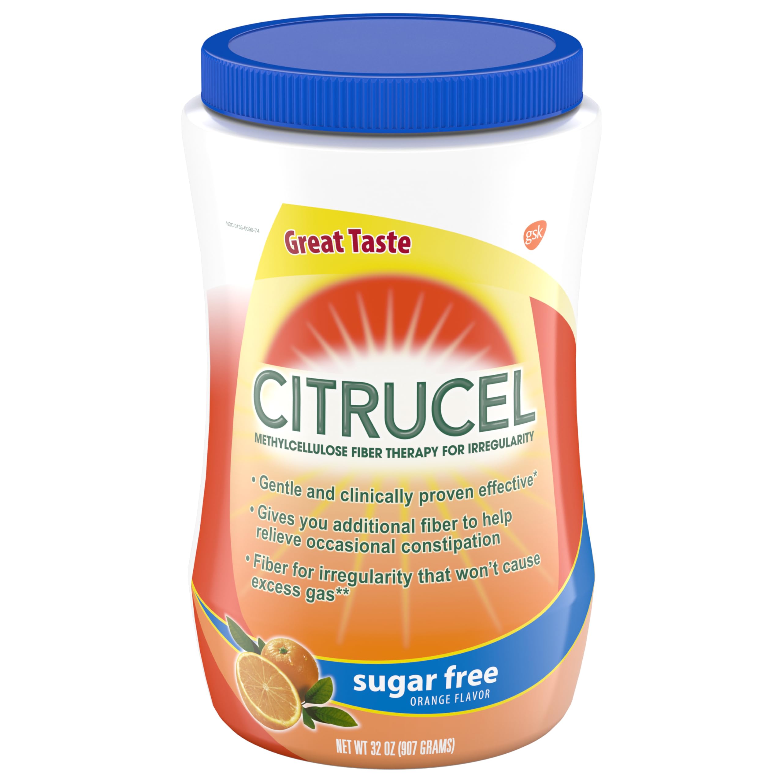 Citrucel orange-flavored fiber powder 32oz front view for daily regularity support.