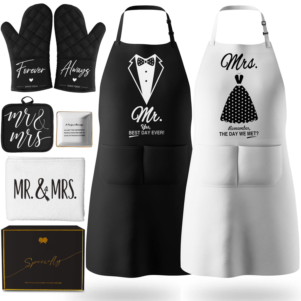 CITTA Mr & Mrs aprons gift set with adjustable necks for comfortable couple cooking.