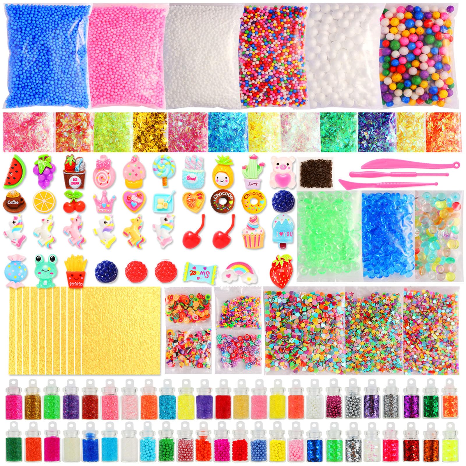 CityActs slime accessories kit charms showcase colorful fruit and animal shapes for slime decoration.