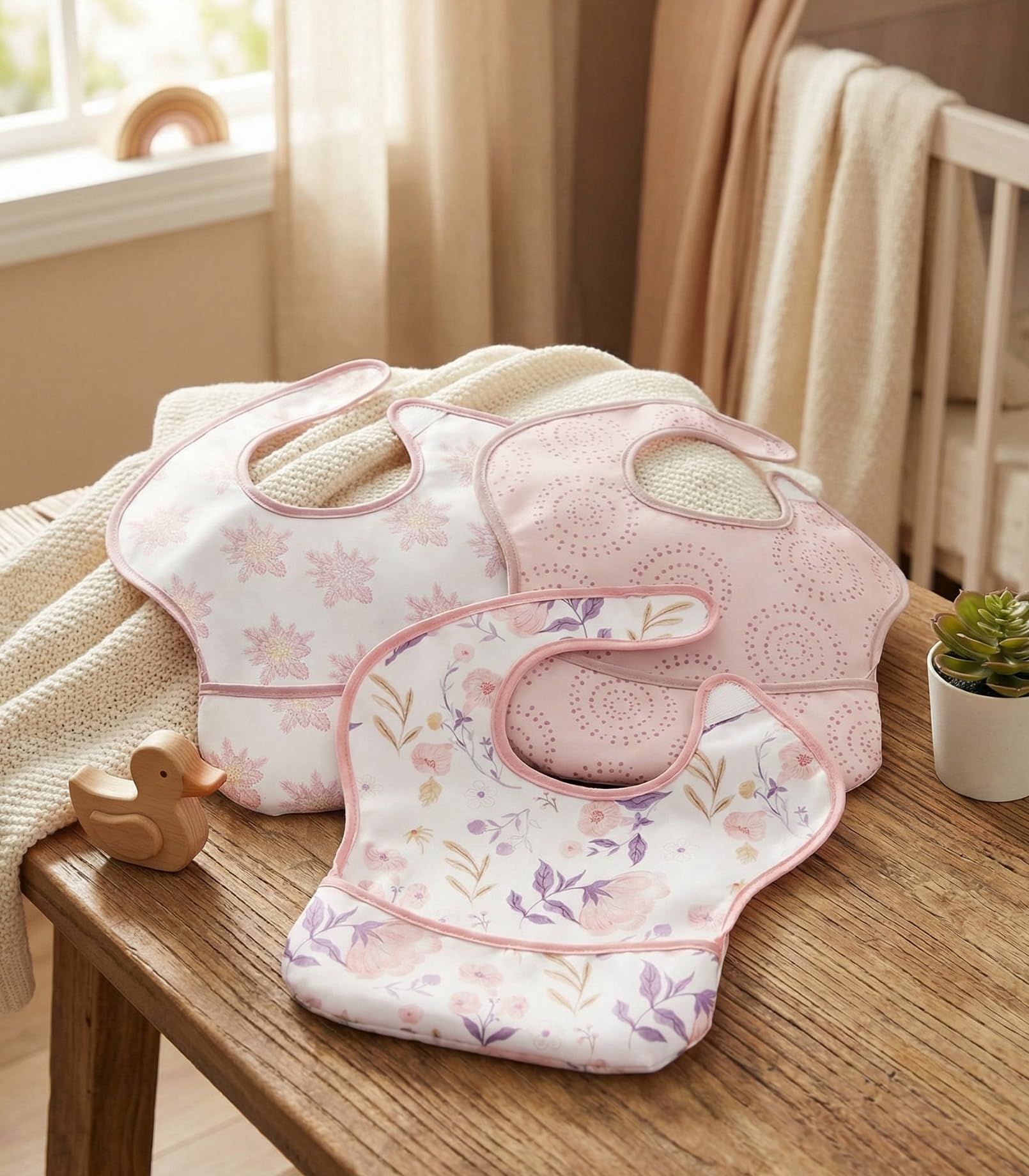 Cheerful pink blossom pattern adds style while protecting clothes.