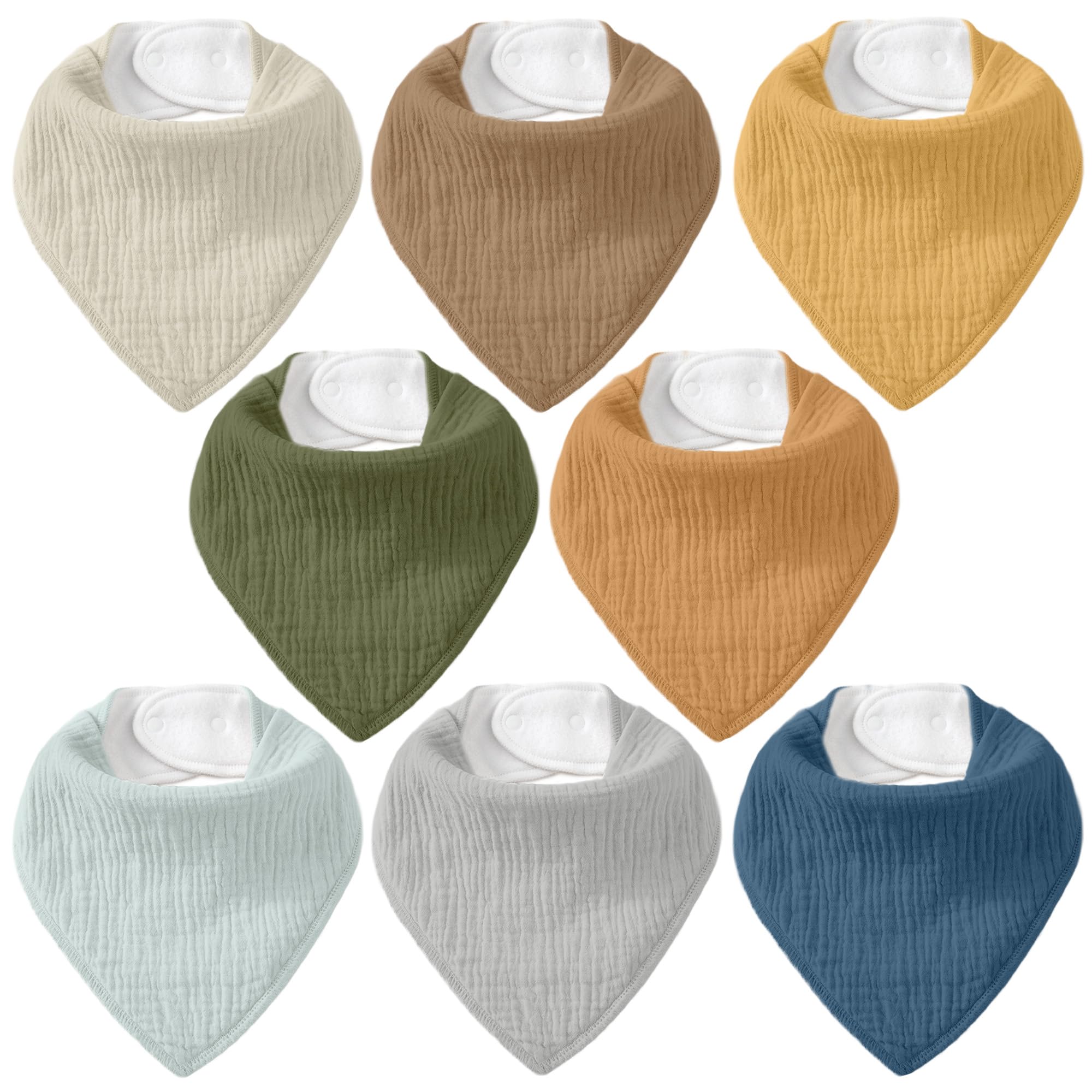 Civarua Kids muslin baby bibs 8-pack in flatlay, showcasing organized colors for daily drool control.
