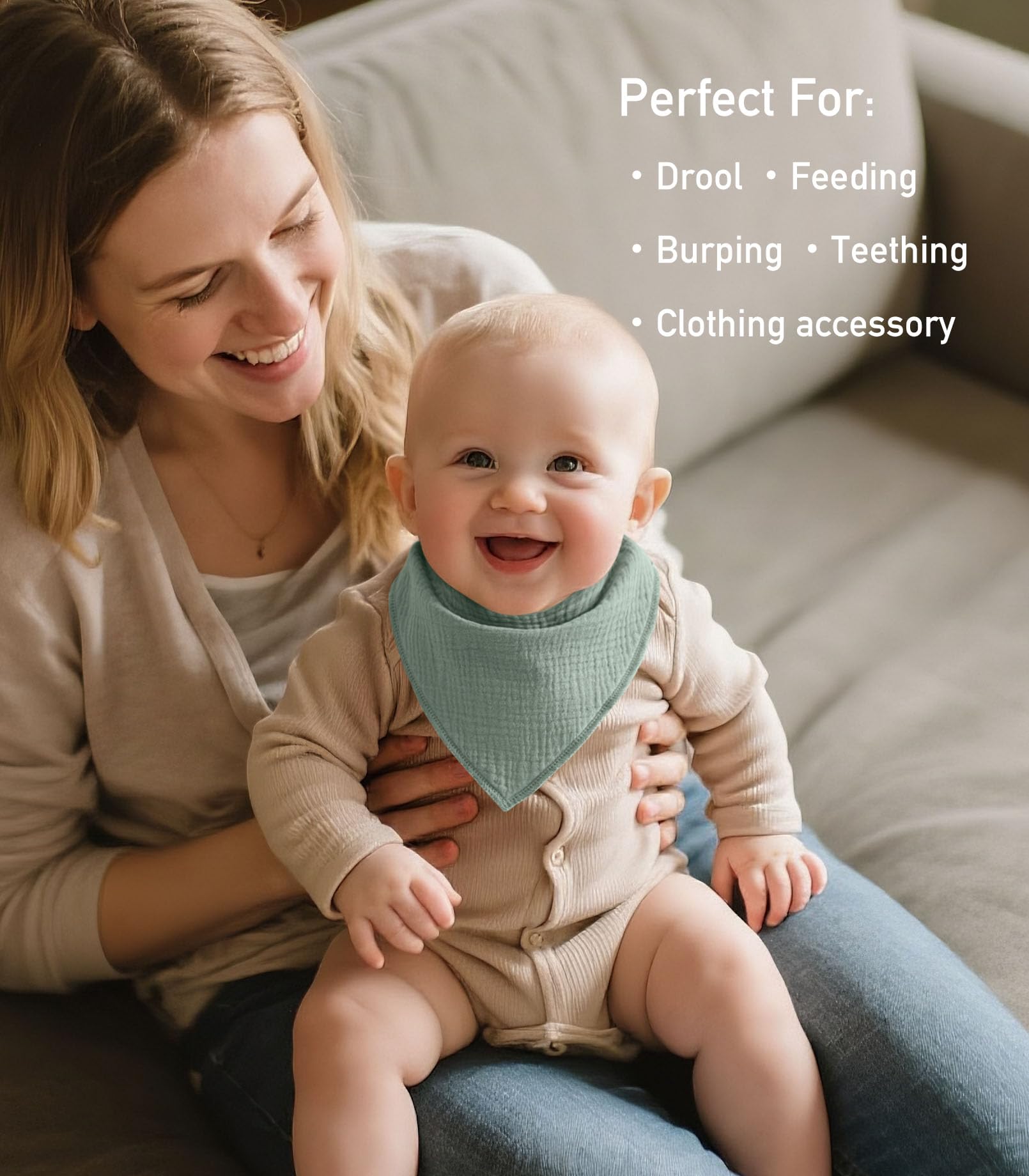 Baby wearing bib with 3 adjustable sizes for growing comfort.