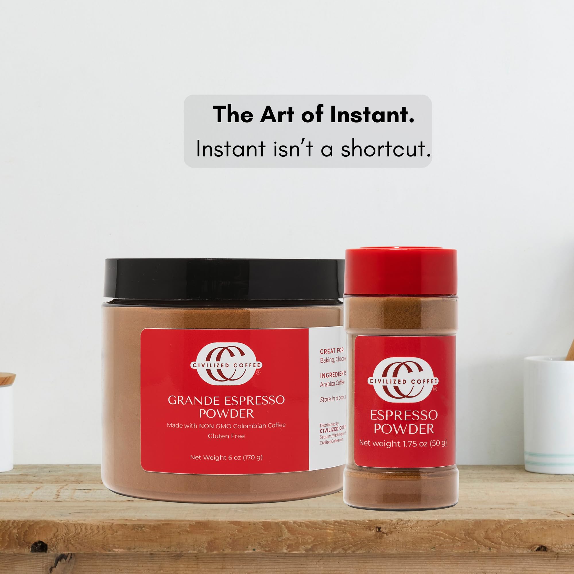 Civilized Coffee Espresso Powder poured over cake, hinting cafe-style texture.