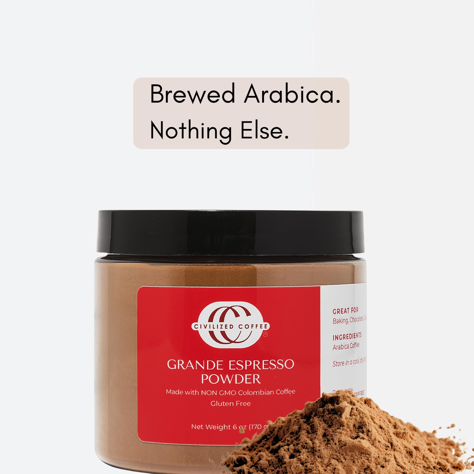 Civilized Coffee Espresso Powder packaging shows a resealable jar for freshness.