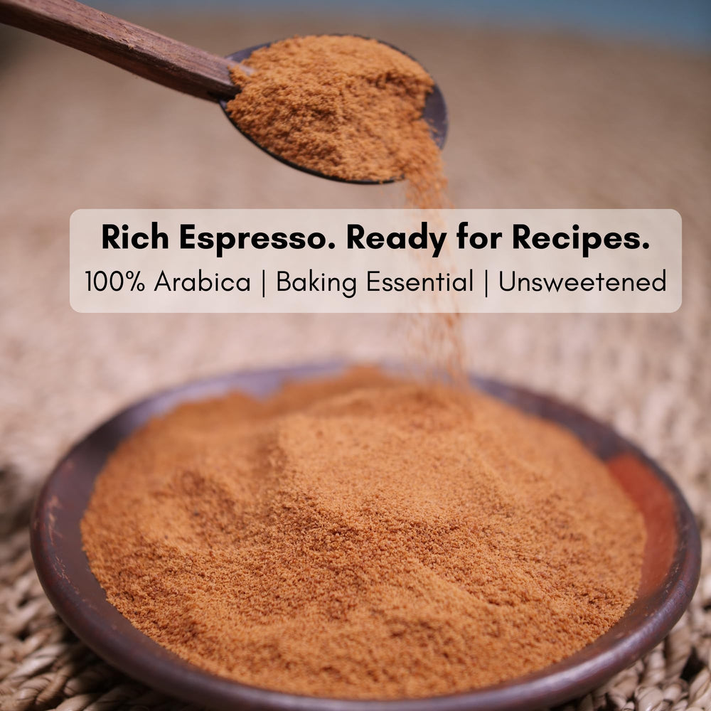 Civilized Coffee Espresso Powder spoonful, quick-dissolving in batters and sauces.
