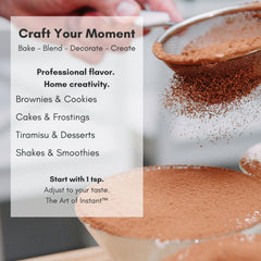 Civilized Coffee Espresso Powder dusted on tiramisu for cafe-depth.