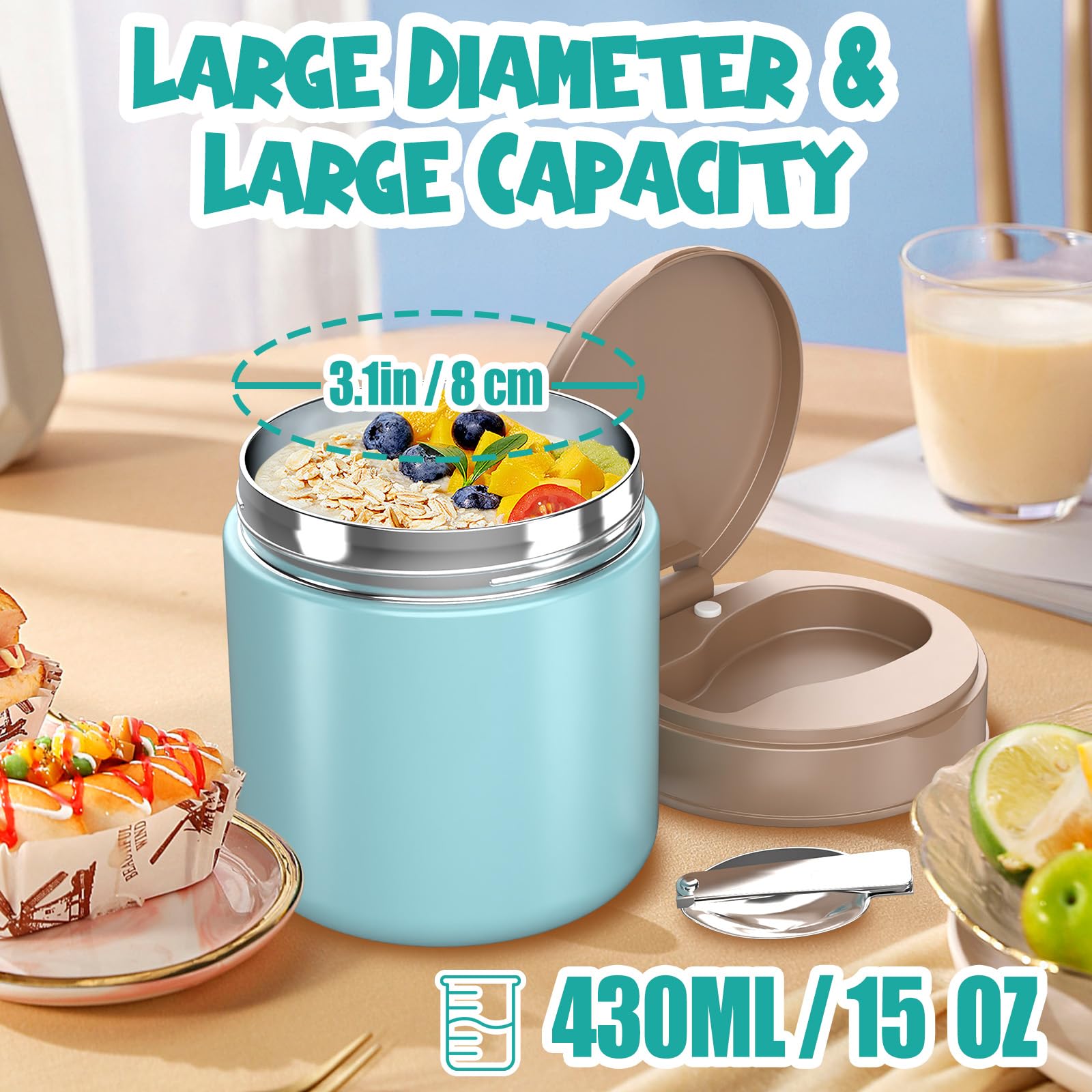 CJACJA insulated food jar blue with lid off showing stainless interior for hot or cold foods