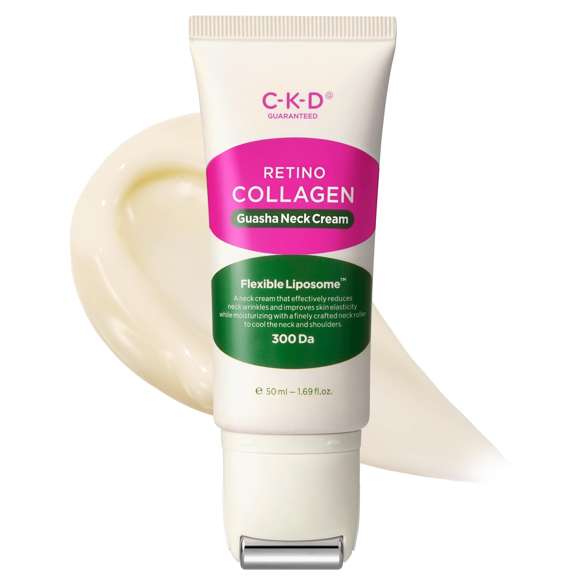 CKD Guasha neck cream with stainless steel roller for precise neck contouring.
