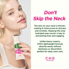 CKD neck cream in use with stainless steel roller for quick absorption.