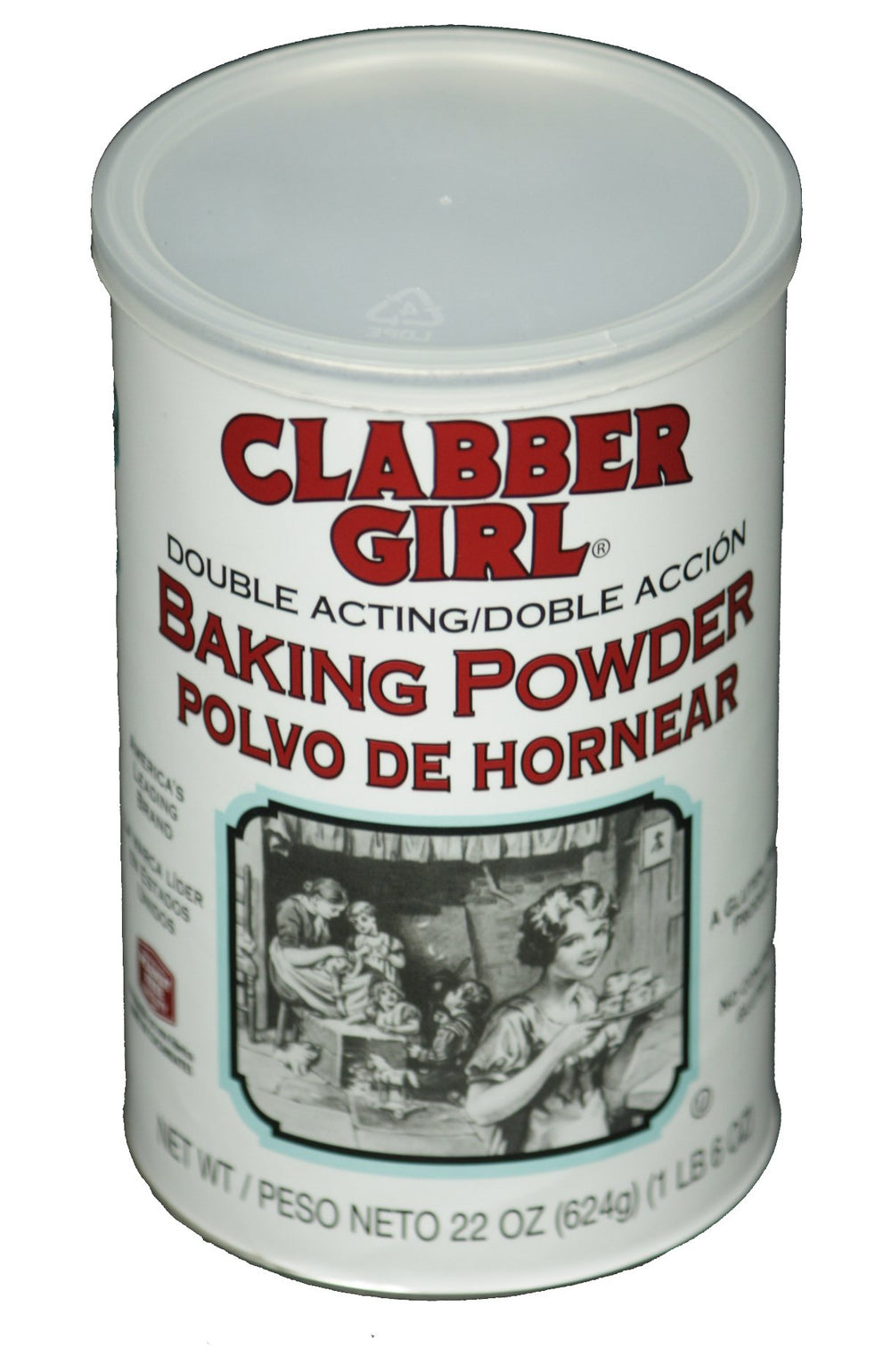 Clabber Girl double-acting baking powder can with pop top for precise measuring.