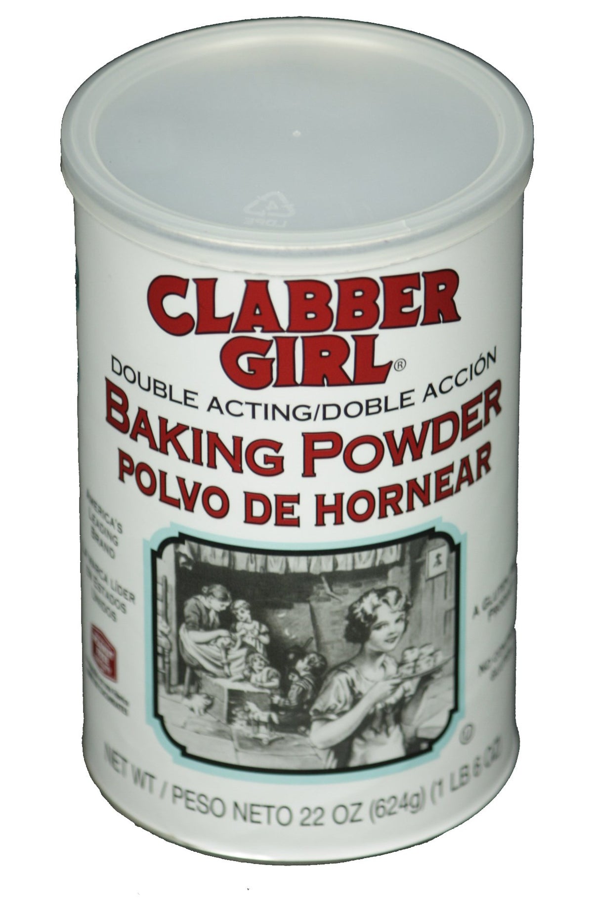 Clabber Girl double-acting baking powder can with pop top for precise measuring.