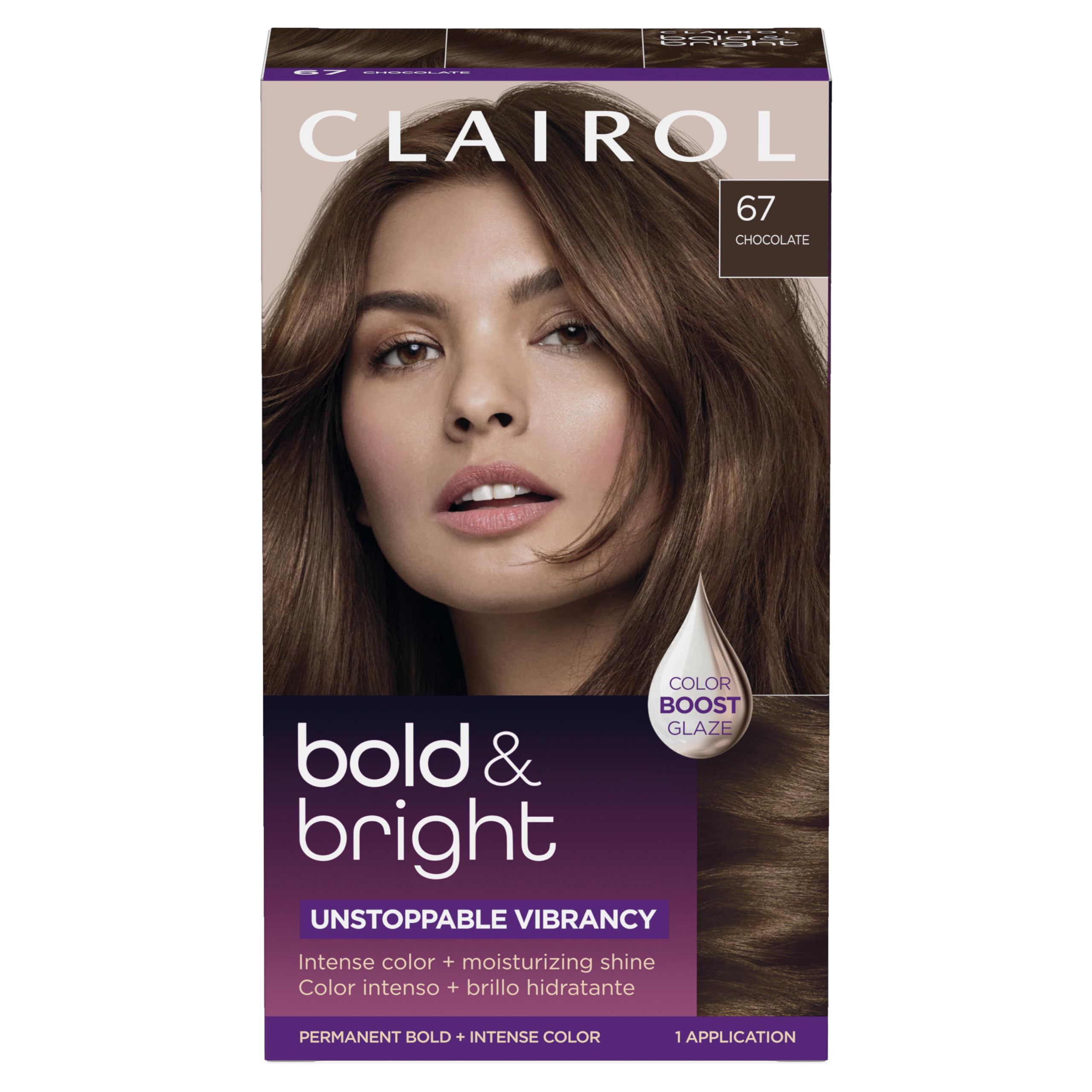 Clairol Bold & Bright Chocolate color cream bottle showing rich, even coverage.