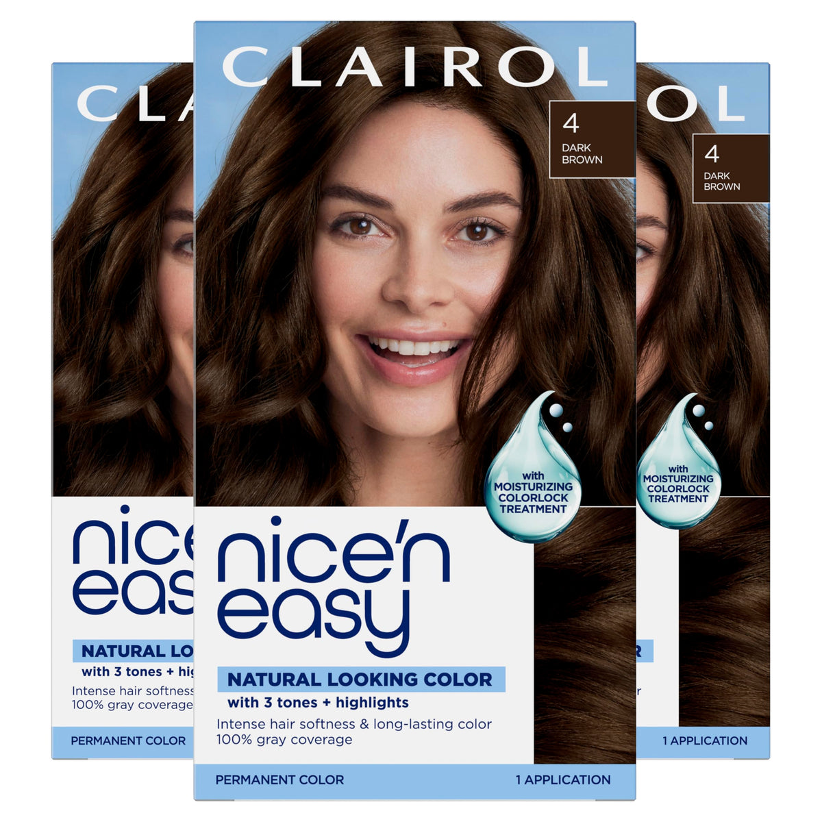 Clairol Nice'n Easy 4 Dark Brown box showing natural color options for gray coverage