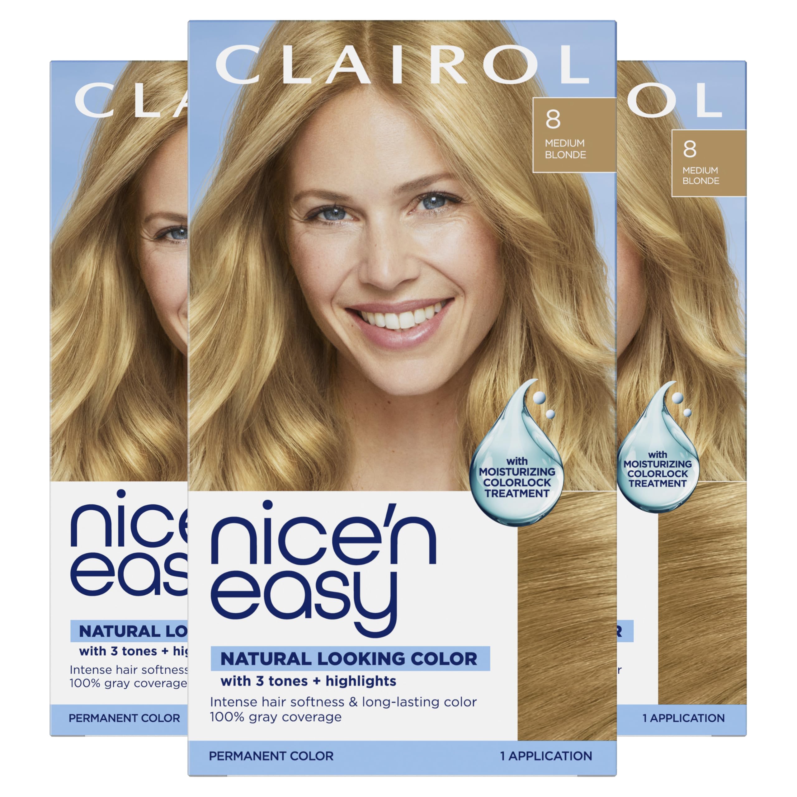 Clairol Nice'n Easy 8 Medium Blonde bottle for at-home natural-looking color.