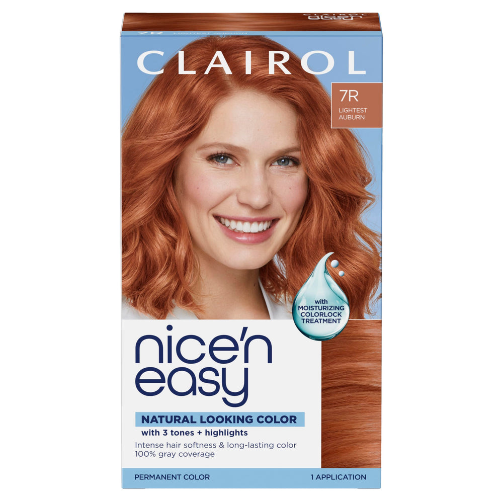 Clairol Nice'n Easy 7R bottle shows rich auburn color for natural-looking results.