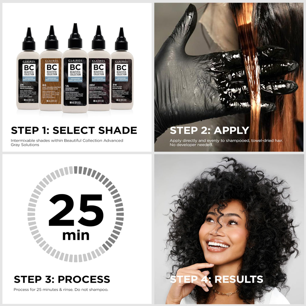 Closeup of Clairol Professional Advanced Gray Solution bottle highlighting a soft finish.