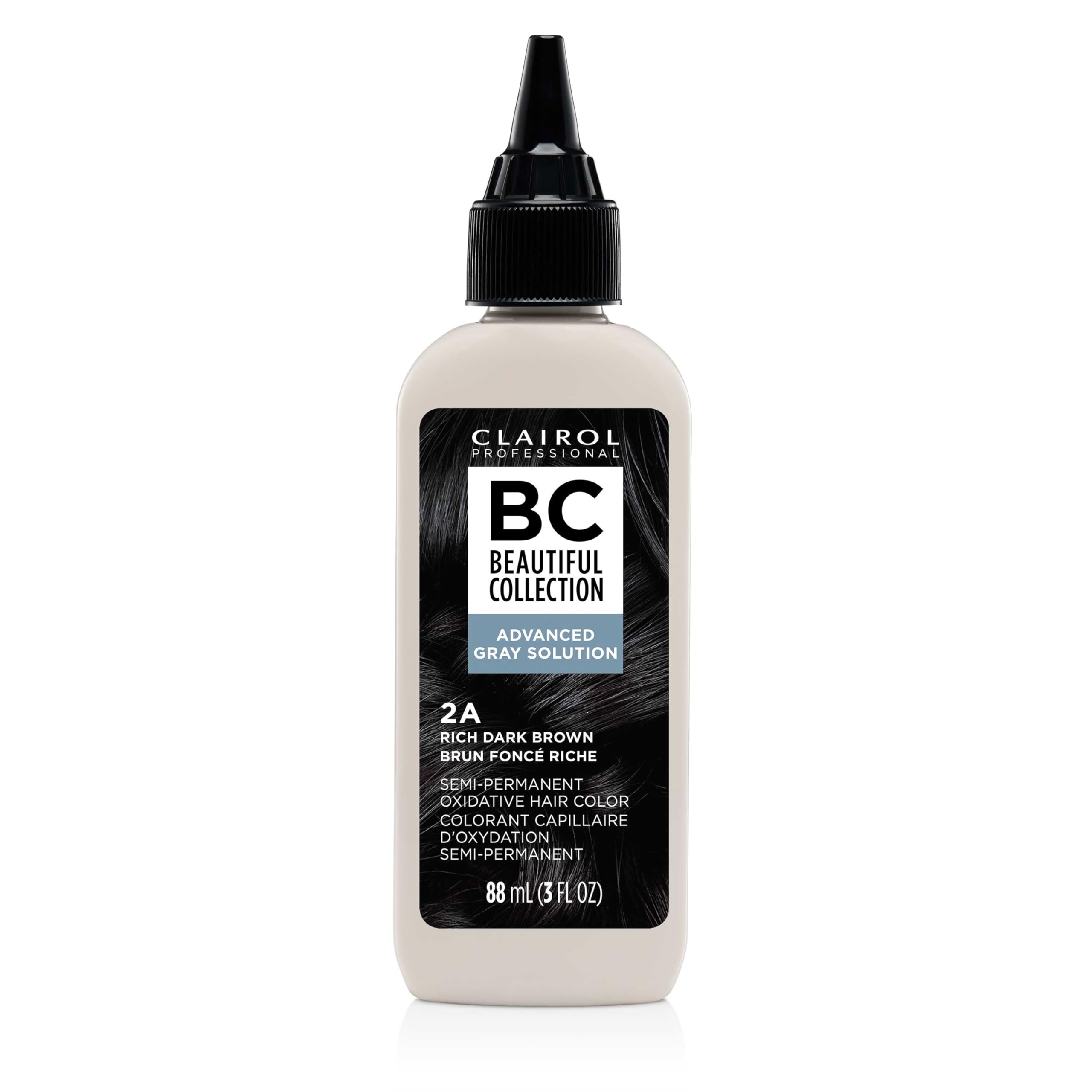 Clairol Professional Advanced Gray Solution bottle shows gentle gray coverage.