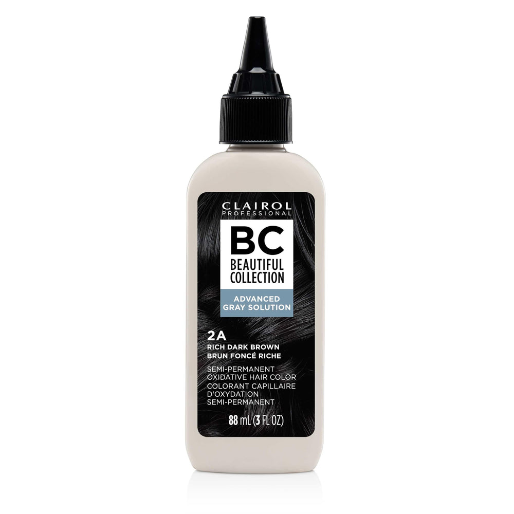 Clairol Professional Advanced Gray Solution bottle shows gentle gray coverage.