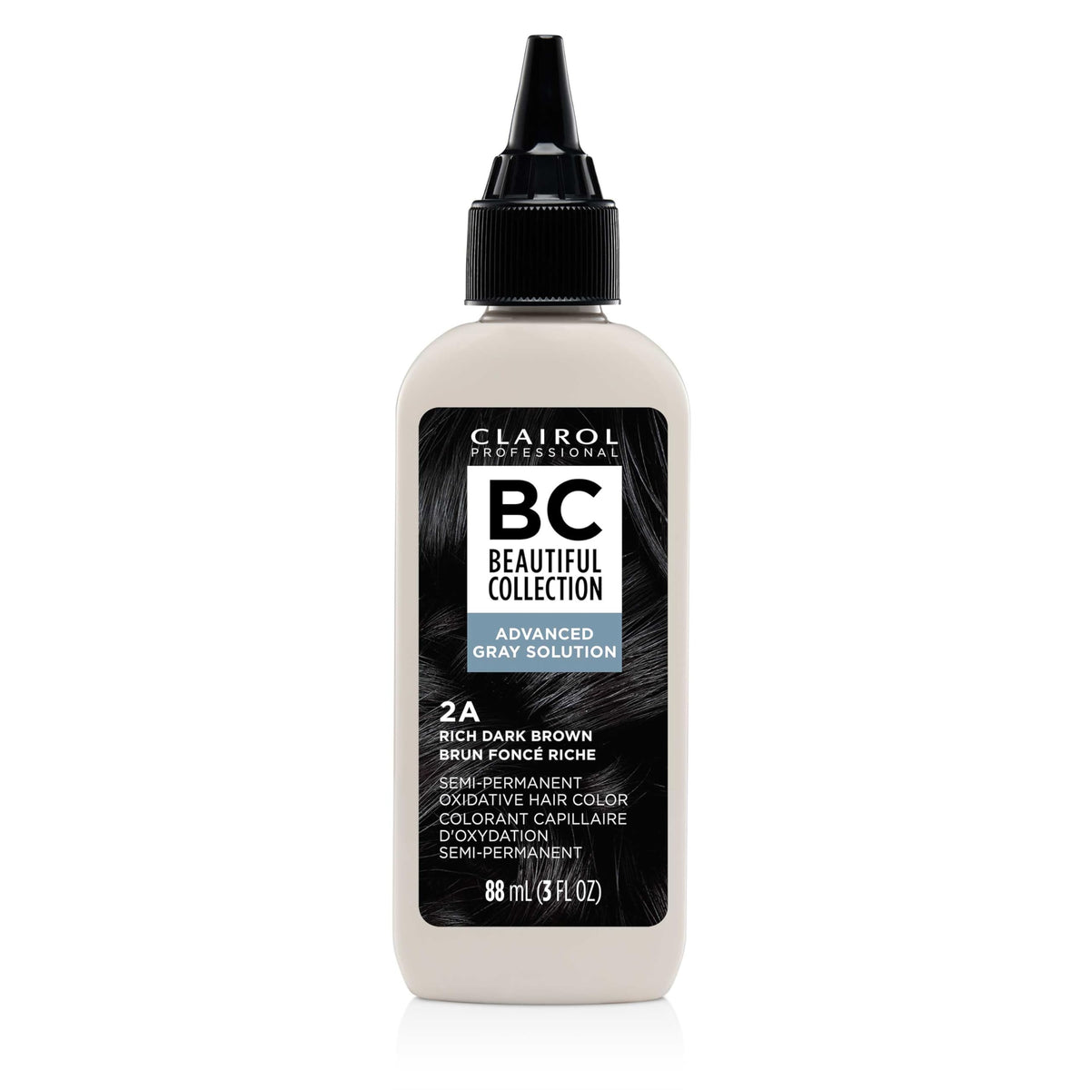 Clairol Professional Advanced Gray Solution bottle shows gentle gray coverage.