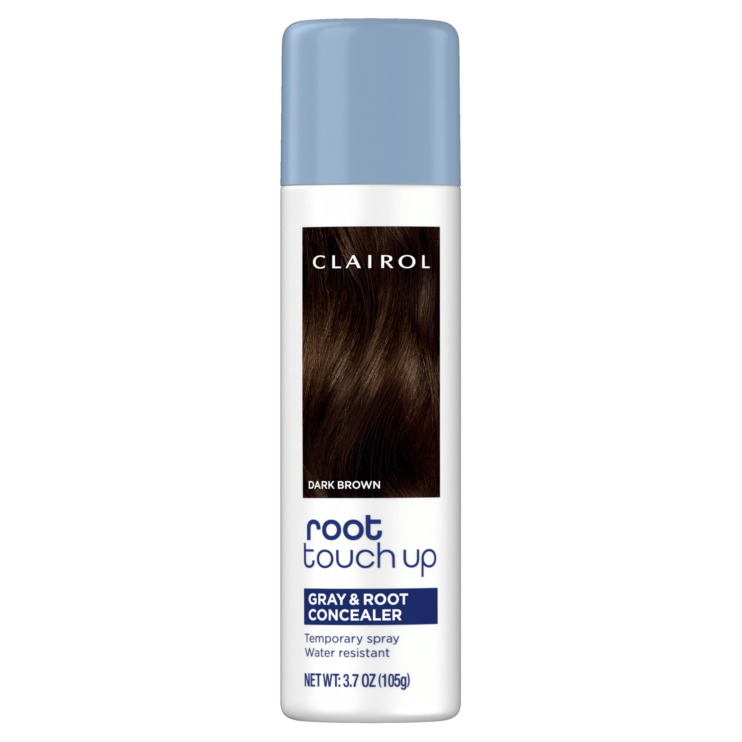Clairol Root Touch-Up dark brown spray provides instant color restoration between washes.