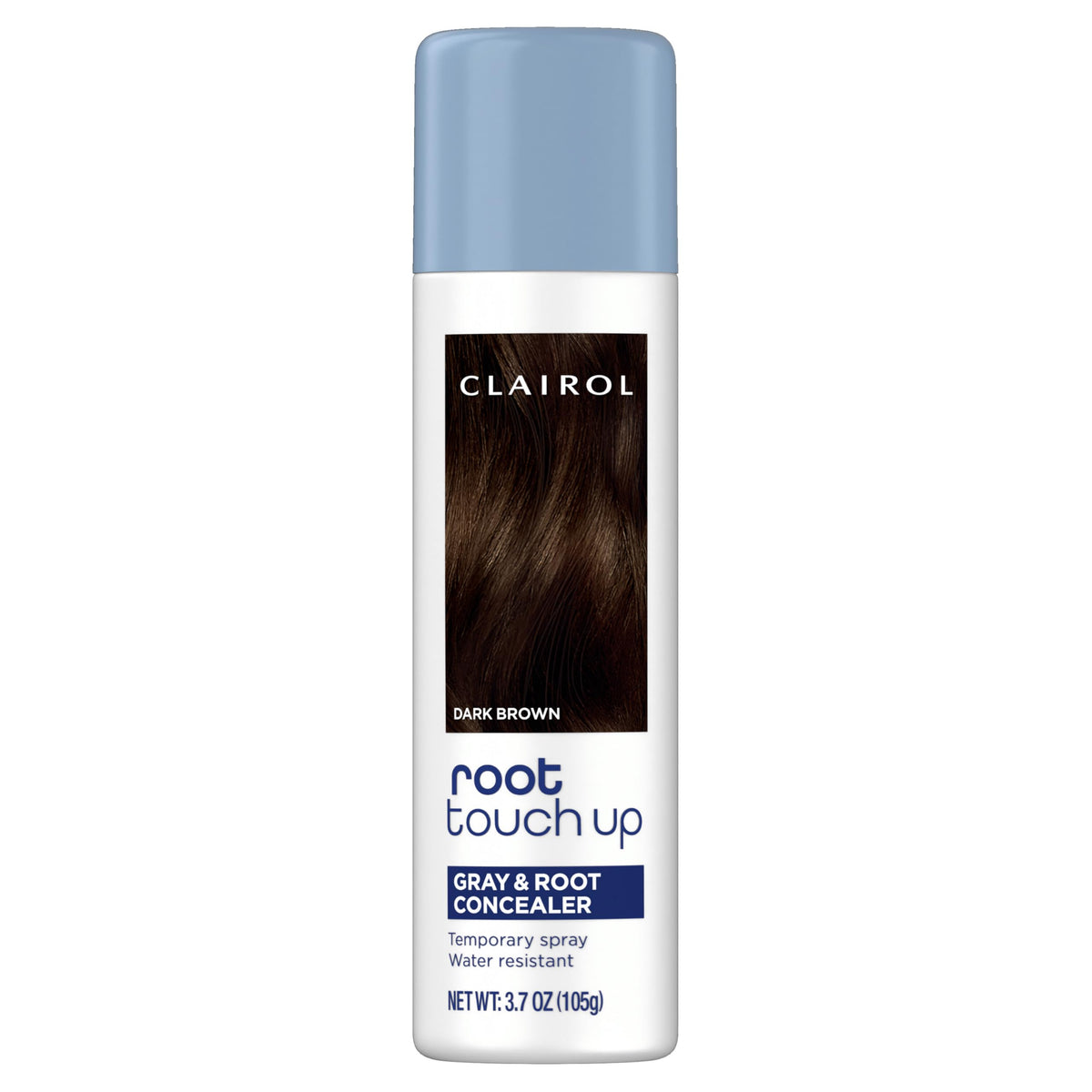 Clairol Root Touch-Up dark brown spray provides instant color restoration between washes.