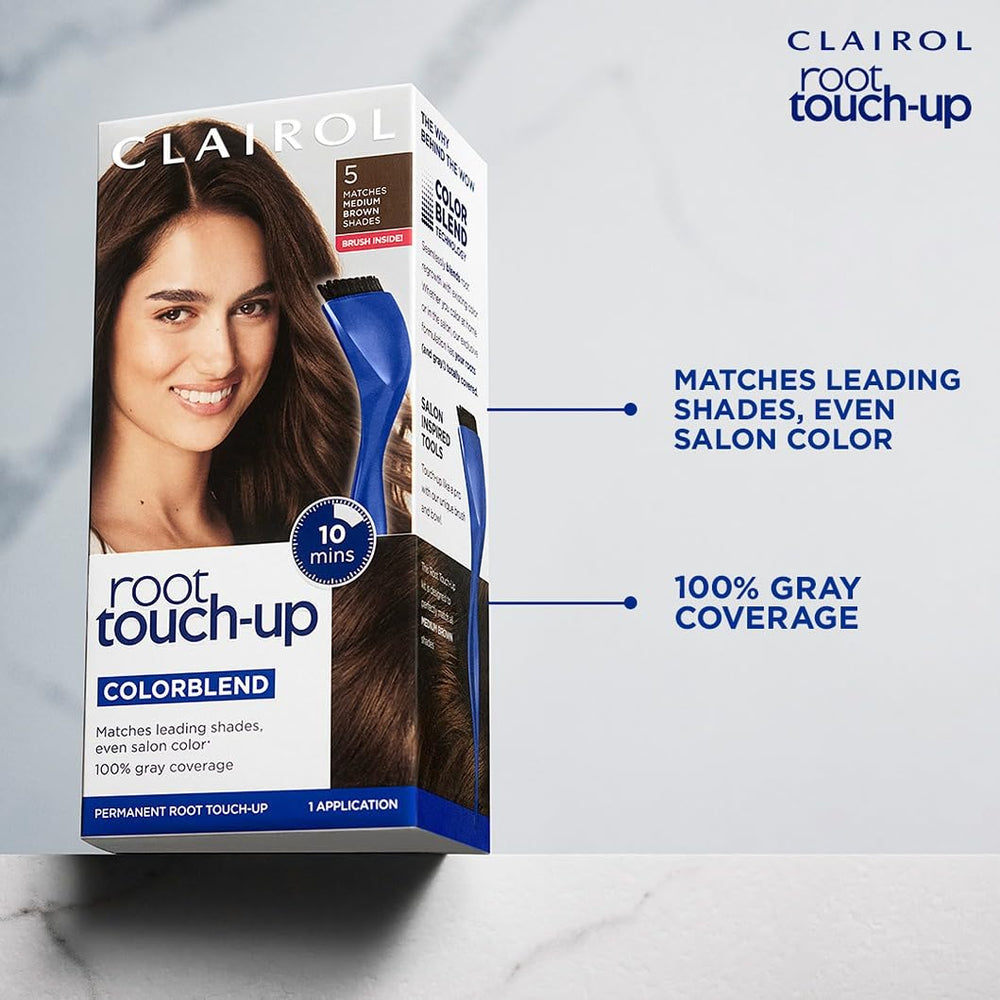 Clairol Root Touch-Up kit displayed on a clean vanity.
