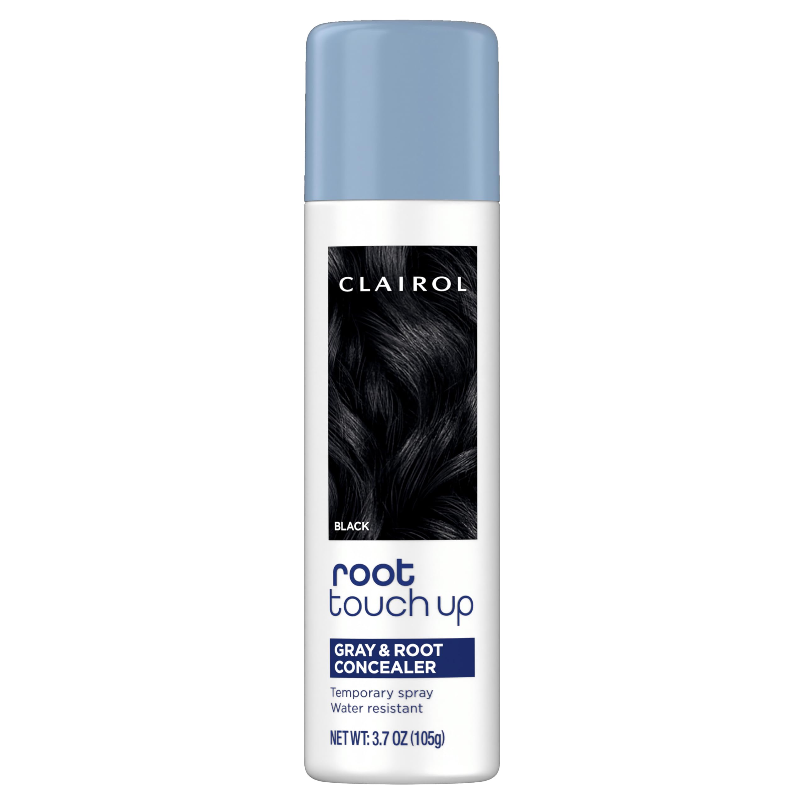 Clairol Root Touch-Up Spray in black packaging for quick gray coverage.