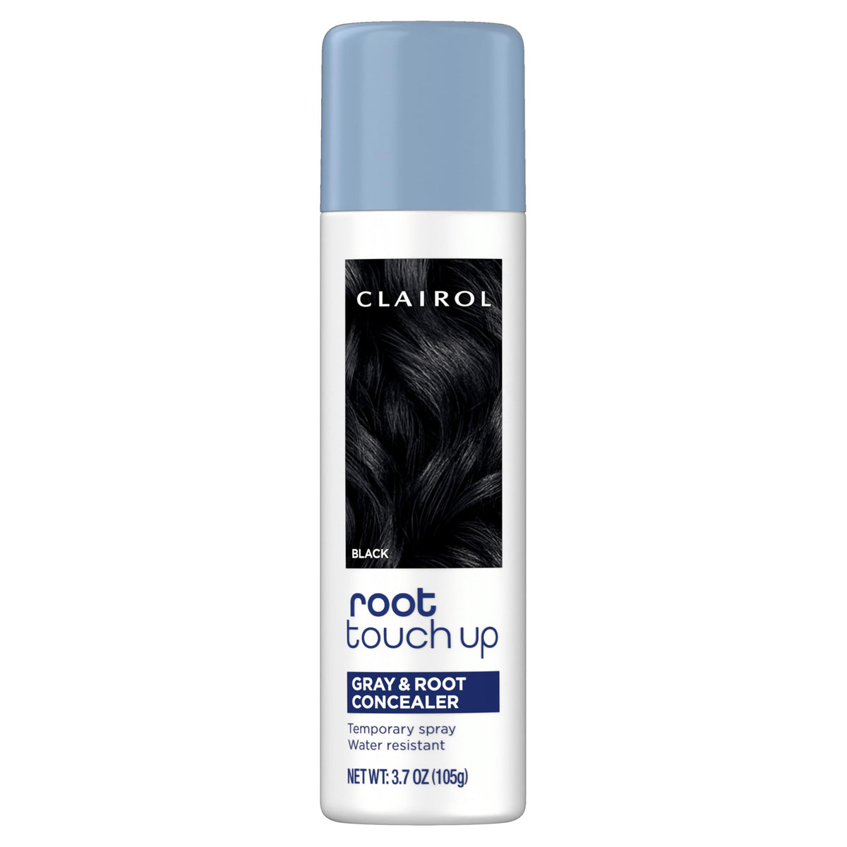 Clairol Root Touch-Up Spray in black packaging for quick gray coverage.