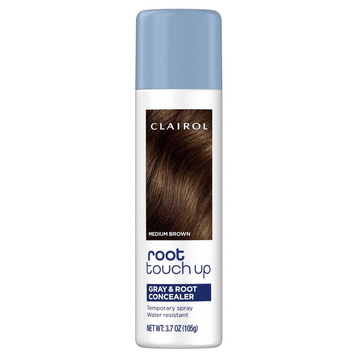 Clairol Root Touch-Up spray bottle in medium brown covers grays in seconds.