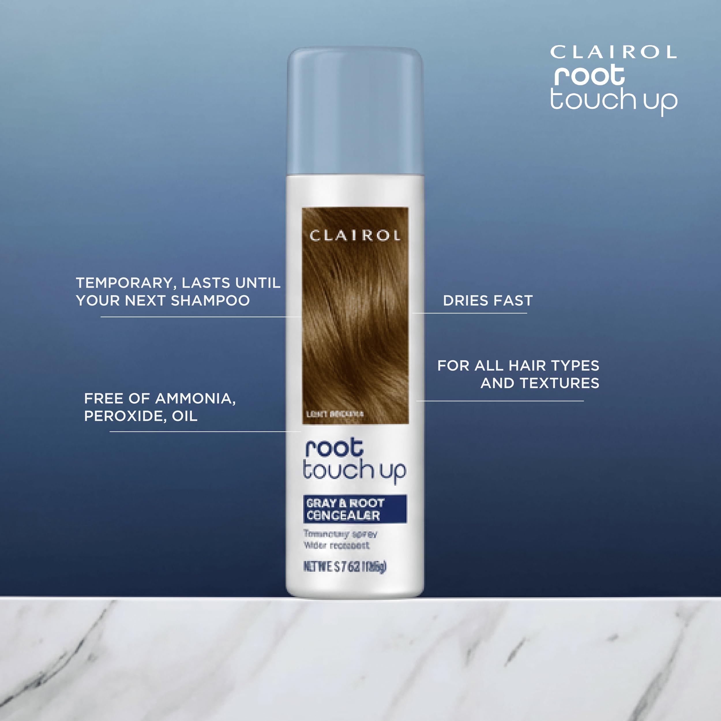 Clairol Root Touch-Up spray with oil-free formula for everyday use.