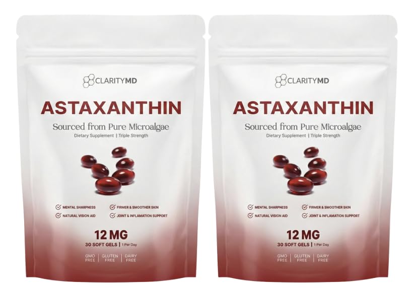 ClarityMD Astaxanthin bottle front promotes antioxidant support and easy daily use.
