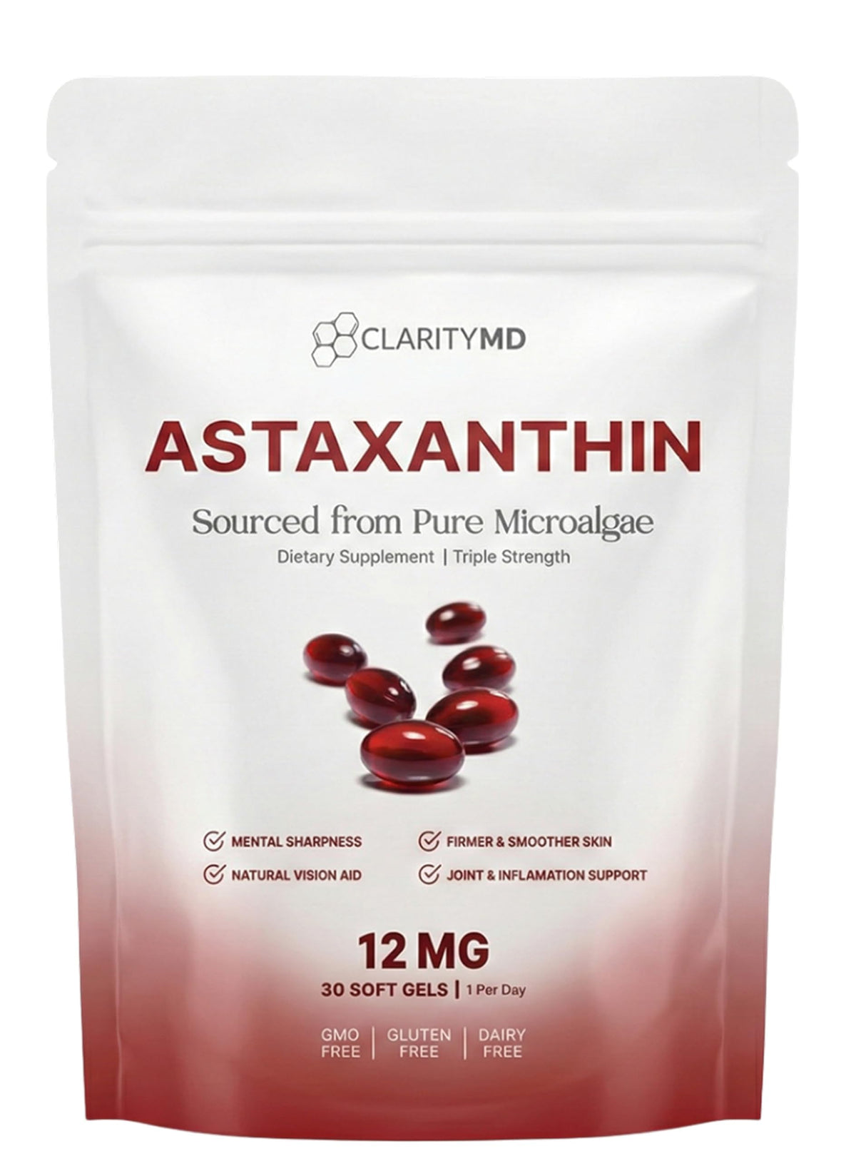 ClarityMD astaxanthin bottle pouring softgels for daily antioxidant support.