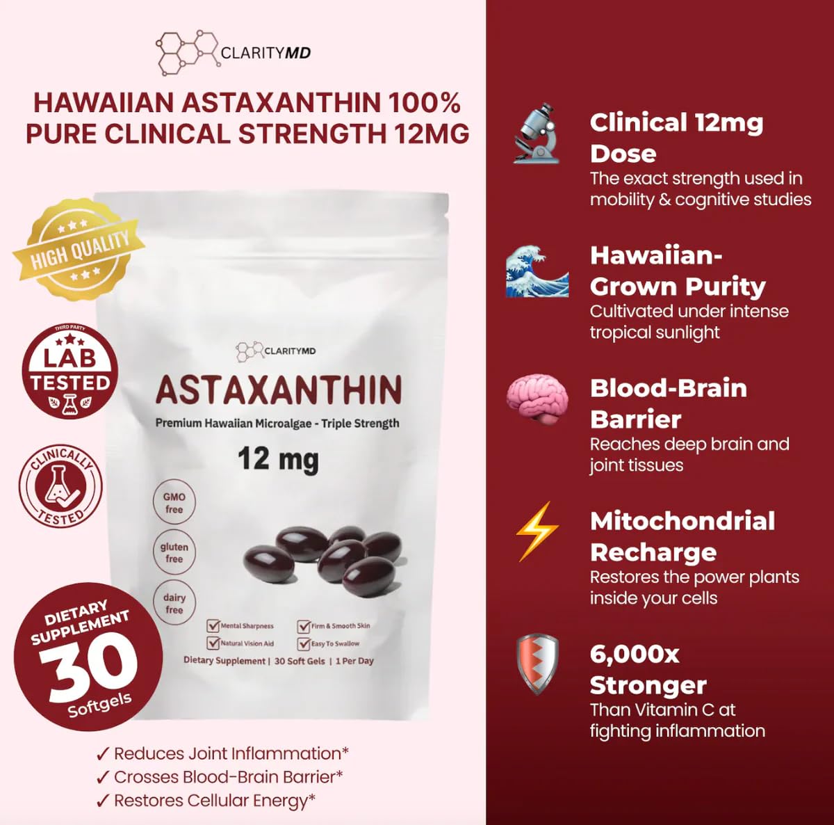 ClarityMD Astaxanthin bottle side shows 12 mg dosage and clinical-strength benefits.