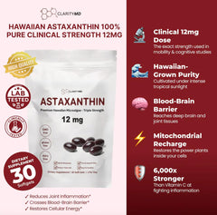 ClarityMD Astaxanthin bottle side shows 12 mg dosage and clinical-strength benefits.