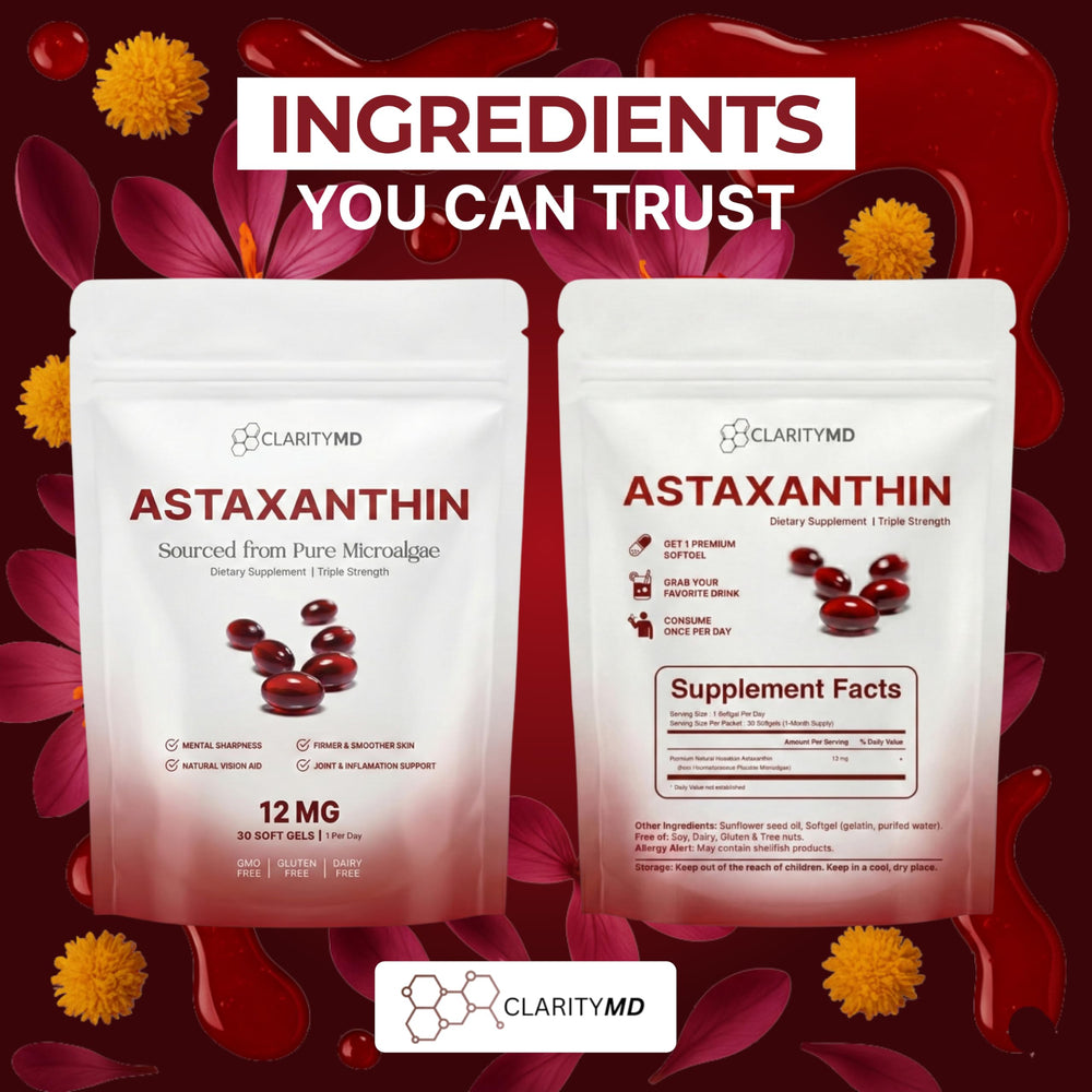 ClarityMD Astaxanthin lipid-softgel close-up underscores fat-based delivery.